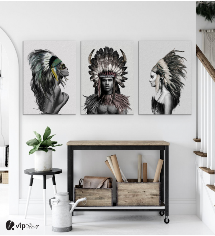 Σύνθεση Με Πίνακες Καμβάδες 70x50 - 3 Τεμάχια - Indians Woman And Man Nordic Style